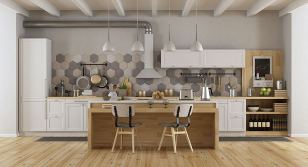 High end kitchen with neutral tones and an elegant hexagonal backsplash