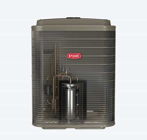 Front view of a Bryant heat pump; transparent cutaway reveals the compressor, refrigerant tubing, and condenser coil inside the cabinet.
