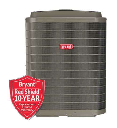 Product image of a gray Bryant Evolution Extreme 284ANV heat pump outdoor unit; large finned grille with red Bryant emblem, plus a red shield graphic reading ‘Red Shield 10-Year Replacement Limited Warranty.
