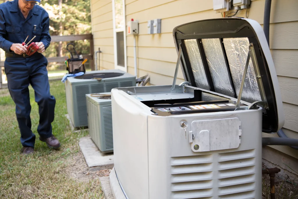 Electrician servicing a standby home generator during routine maintenance.