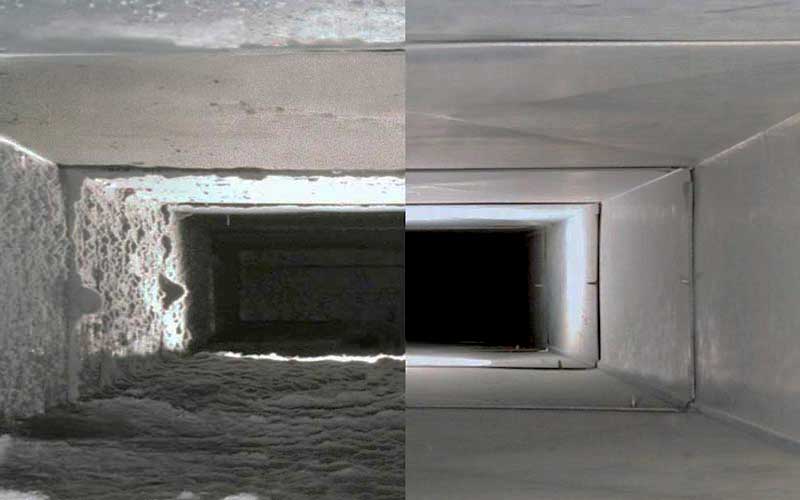 Inside of a square air duct system showing before and after a thorough air duct cleaning service