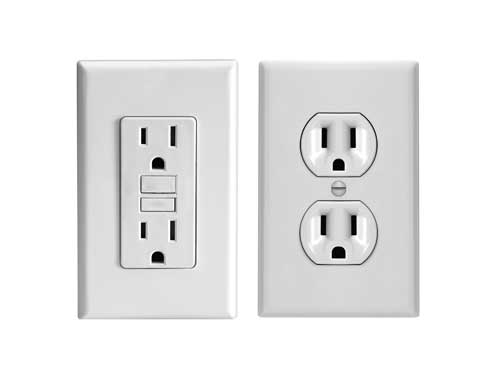 Side-by-side comparison of a standard outlet and a GFCI outlet used for electrical safety homes.